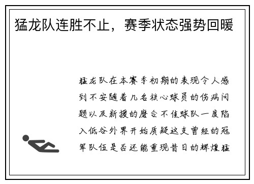 猛龙队连胜不止，赛季状态强势回暖